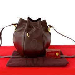 【未使用級】カルティエ マストライン 巾着 ショルダーバッグ ボルドー レザー Cartier - 【未使用級】カルティエ マストライン 巾着