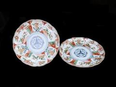 古伊万里　金襴手　鶴に菊　宝船の図　７寸皿　２枚　D983AS-CEl 古伊万里 金襴手 鶴に菊 宝船の図 7寸皿 2枚 D983AS-CEl
