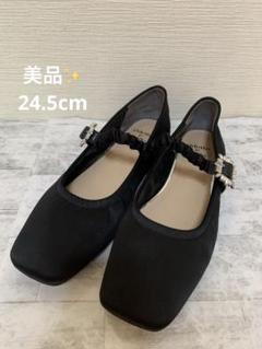 オデットエオディール 黒 スクエアトゥ フラットシューズ 天然皮革