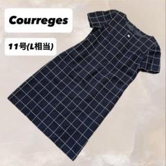Courreges チェック柄 ロゴ刺繍 半袖ワンピース 11 リネン ネイビー Courreges チェック柄 ロゴ刺繍 半袖ワンピース 11 リネン