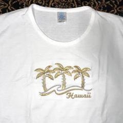 USA製生地ハワイ 刺繍 Tシャツ 白 Lサイズ 金銀ヤシの木 半袖