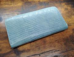 貴重 リザード ライトブルー 水色 長財布 ゴールド ファスナー ウォレット