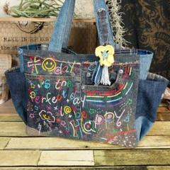 刺繍デニムバック　No.627　デニムリメイク　刺繍バック　サイドポケット 4ポケットリメイクデニムトートバッグ | アジアン雑貨ルチュ