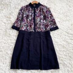 レリアン Leilian 花柄　ドッキング　シャツワンピース 紺　9号 レリアン Leilian 花柄 ドッキング シャツワンピース 紺 9号