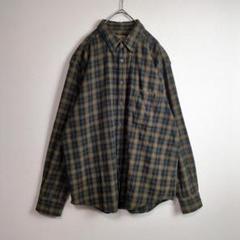 チェックシャツ (L) ボタンダウン 男女兼用 大きめサイズ 緑系 黒系 古着