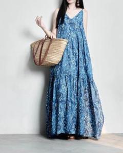 プリント 綺麗め リゾート マキシ丈 サスペンダーワンピース 体型をカバー