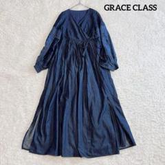 【特別送料無料！】 美品✨グレースクラス カシュクールワンピース 刺繍 インディゴ ワンピース