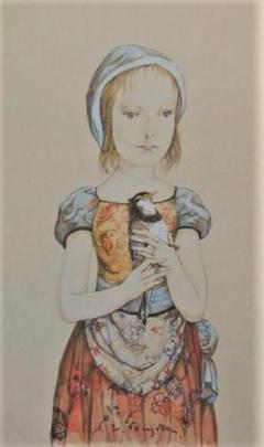 【オープニング大セール】 FILLE 藤田嗣治【JEUNE PORTANT OISEAU】 UN 絵画