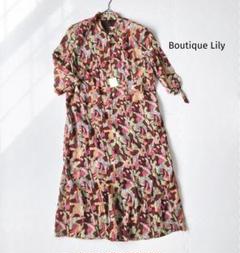 Boutique Lily 膝下丈ワンピース レトロ 総柄【L相当】六分袖