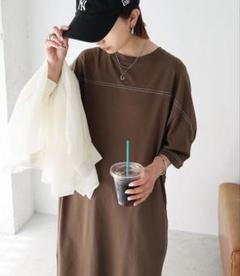 ロングワンピース　配色ステッチオーバーサイズ半袖Tシャツワンピース