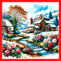 ダイヤモンドアート ビーズ キット カラフル風景画 花と川 風景 自然 山 家