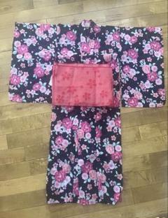 黒地にピンク花柄 浴衣・帯セット サイズ120