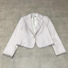 東京ソワールツイード長袖ジャケット切りっぱなしデザインきらきらボタンピンク古着