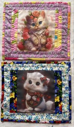 パッチワーク　ミニタペストリー　2枚セット　可愛い猫　パネル生地　ハンドメイド