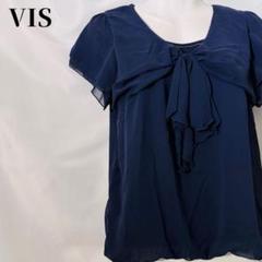 VIS ビス ビーズキャミ重ね着風 リボン付シフォンブラウス M　ネイビー　半袖