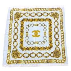 CHANEL/シャネル ココマーク チェーン シルク スカーフ d_112 CHANEL シャネル スカーフ チェーン柄 ココマーク シルク100
