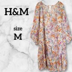 H&M 花柄 フレアスリーブ フレアワンピース 総柄 M
