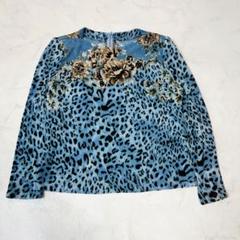 美品 レオパード柄 花柄 ビジュー装飾 ブラウス トップス ブルー M