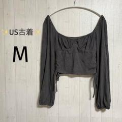 【✨️US古着✨️】美品 グレー オフショルダー 長袖トップス ウエスト部分絞りあり