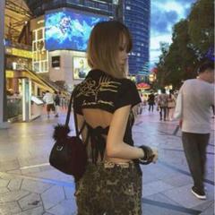 Y2K タトゥー 金 Tシャツ バックコンシャス 背中空き ドラゴン 龍 和柄 Y2K タトゥー 金 Tシャツ バックコンシャス 背中空き ドラゴン