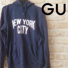 ★GU★中古★シンプル カジュアル プリント スウェット パーカー★ネイビー★M