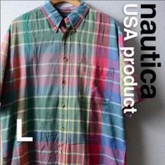 US古着 nautica マルチカラー マドラスチェックシャツ Lサイズ 鮮やか