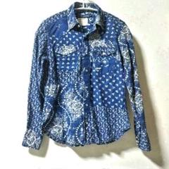 RALPH LAUREN 総柄シャツ パッチワーク ブルー系 花柄 リネン風生地