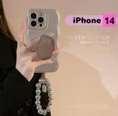 sns話題❣️iPhone14 スマホ　ケース　グリップ　ストラップ付　シルバー
