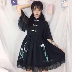 花柄 チャイナドレス ワンピース 膝丈 ブラック 中華風
