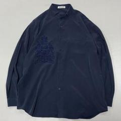 90s Vintage レーヨン L/S シャツ エンブレム刺繍 光沢 ドレープ