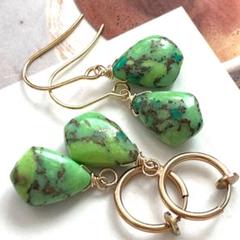 みみ☺︎ 1点☆ 枠グリーンコッパーターコイズピアス　イヤリングに変更可能☺︎ 変形ライトグリーンコッパーターコイズピアス/フープイヤリング