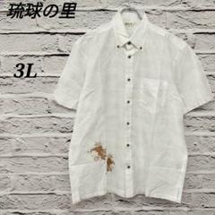 R5121 琉球の里【3L】 かりゆし半袖シャツ ボタンダウン シーサー和柄 白