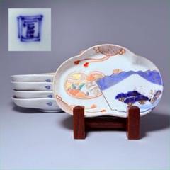 幕末～明治期　角冨　色絵扇絵変形皿　五客　裏千鳥文　金襴手　古器を楽しむ 幕末～明治期 角冨 色絵扇絵変形皿 五客 裏千鳥文 金襴手 古器を