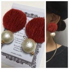 867 2way レッド☺︎ニット素材の大ぶりピアス×パール☺︎