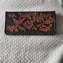 レザークラフト　花柄パープル長財布　ハンドメイド