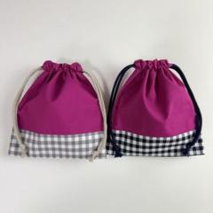 ピンクとギンガムチェック 巾着袋　2枚セット　ハンドメイド　20×18