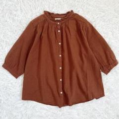 Samansa Mos2 ブラウン 綿麻七分丈ノーカラーブラウス