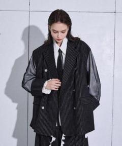 seyto ラメストライプレイヤードテイラージャケット セール】Lame stripe tulle layered tailored jacket / ラメ
