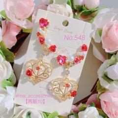 ハンドメイド ハート ♡ ローズ ピアス風 ビジュー イヤーカフ ♡