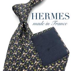 【美品】HERMES ネクタイ 乗馬柄 ヤシの木柄 小紋柄 ネイビーのサムネイル