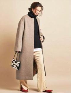 美品　ビューティー&ユース　ビーバーノーカラーロングコート　ネイビー　М BEAUTY&YOUTH UNITED ARROWS（ビューティーアンドユース
