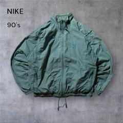 【ナイキ】90sナイロンジャケットフルジップドローコード短丈緑黒Y2Kストリート 1493】90年代NIKEナイロンジャケット刺繍ロゴ短丈ドローコード
