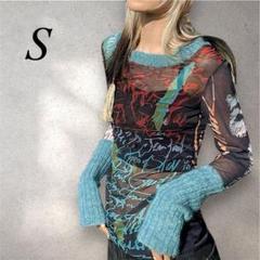 シースルー長袖Tシャツ グラフィックプリントSサイズ