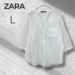 ザラ　七分袖　ノーカラー　スキッパー　シフォンシャツ