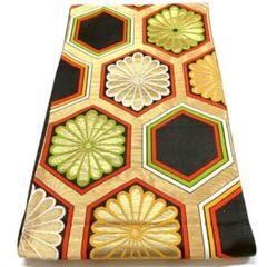 ［4159］袋帯 菊花亀甲文様 金彩 六通 正絹 着物 フォーマル 黒