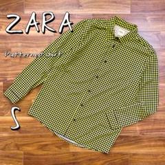 【美品】ZARAザラ ジョーゼット市松模様リラックスフィット総柄シャツS黄色×黒
