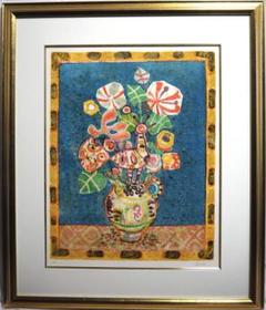 真作□ポール・アイズピリ 版画 青い背景の花 直筆サイン□絵画
