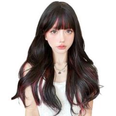 ロング カール インナーカラー フルウィッグ　ブラック&ローズレッド