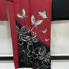 薔薇と蝶々模様 金彩 銀通し 赤 黒色 袷 正絹 振袖 着物 14