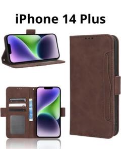 iPhone14plus 手帳型　フリップケース　カード収納　ブラウン　レザー